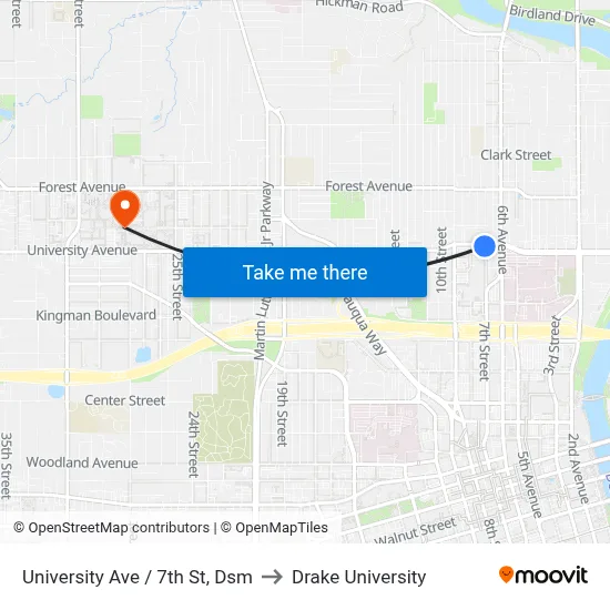 University Ave / 7th St, Dsm to Drake University map