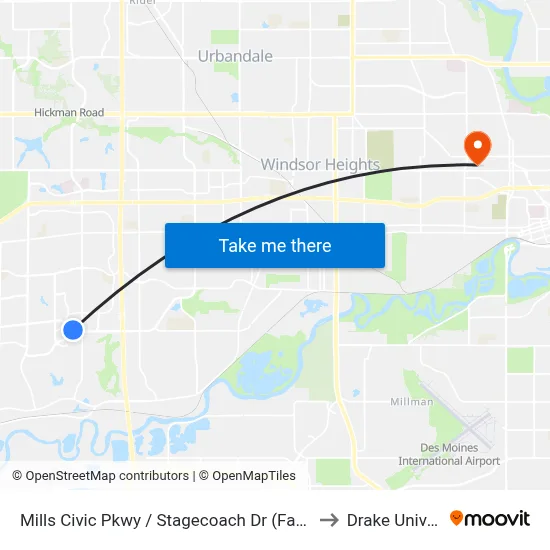 Mills Civic Pkwy / Stagecoach Dr (Far-Side), Wdm to Drake University map