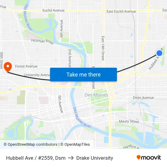 Hubbell Ave / #2559, Dsm to Drake University map