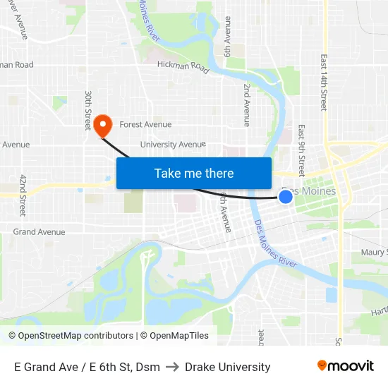 E Grand Ave / E 6th St, Dsm to Drake University map