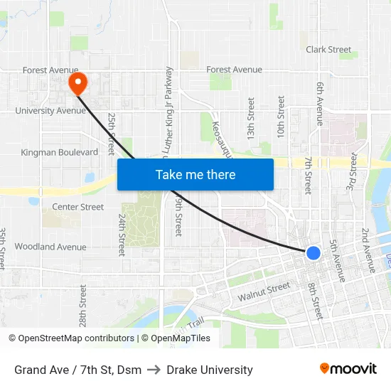 Grand Ave / 7th St, Dsm to Drake University map