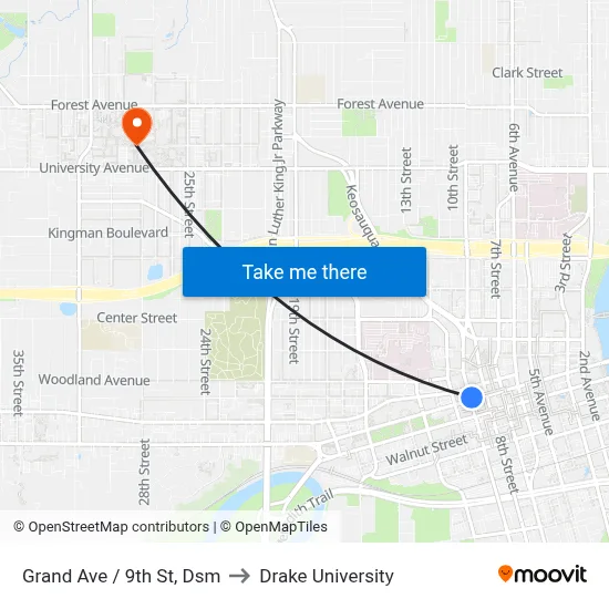 Grand Ave / 9th St, Dsm to Drake University map