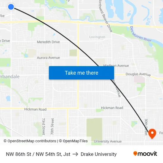 NW 86th St / NW 54th St, Jst to Drake University map