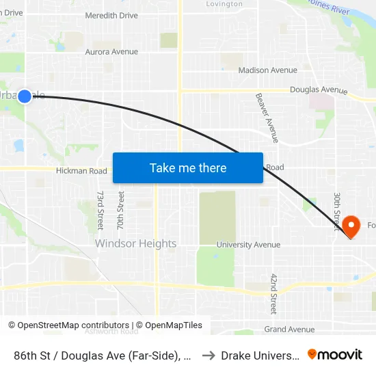 86th St / Douglas Ave (Far-Side), Urb to Drake University map
