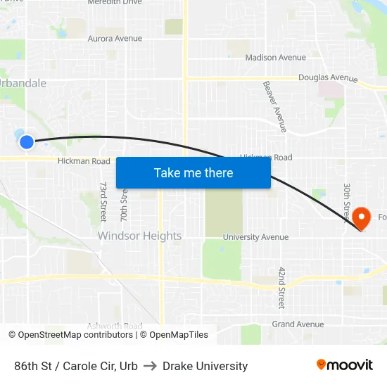 86th St / Carole Cir, Urb to Drake University map