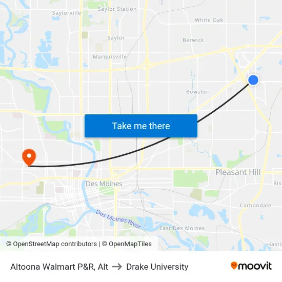 Altoona Walmart P&R, Alt to Drake University map