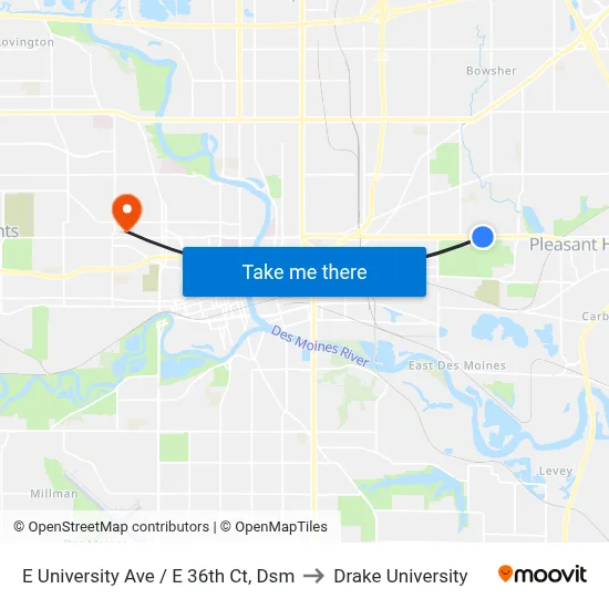 E University Ave / E 36th Ct, Dsm to Drake University map