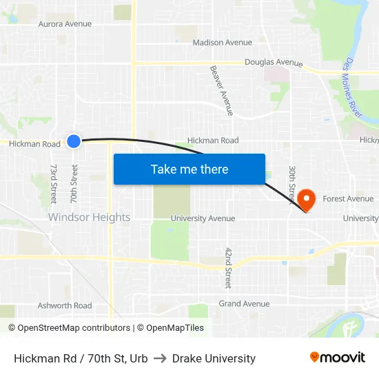 Hickman Rd / 70th St, Urb to Drake University map