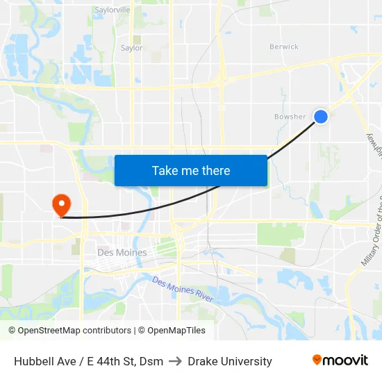 Hubbell Ave / E 44th St, Dsm to Drake University map