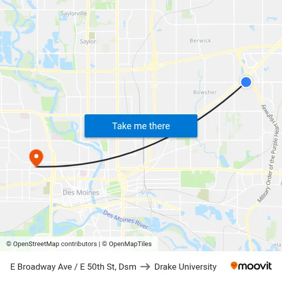 E Broadway Ave / E 50th St, Dsm to Drake University map