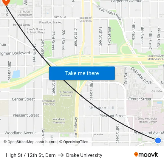 High St / 12th St, Dsm to Drake University map