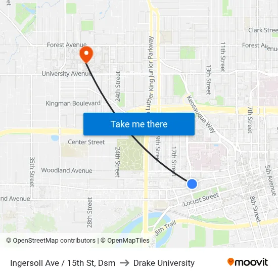 Ingersoll Ave / 15th St, Dsm to Drake University map