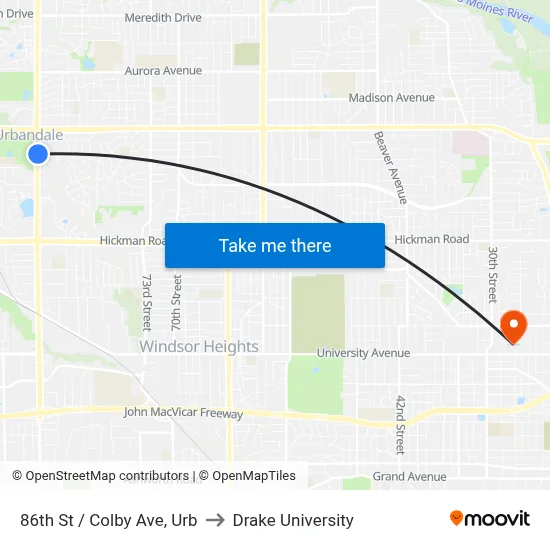 86th St / Colby Ave, Urb to Drake University map