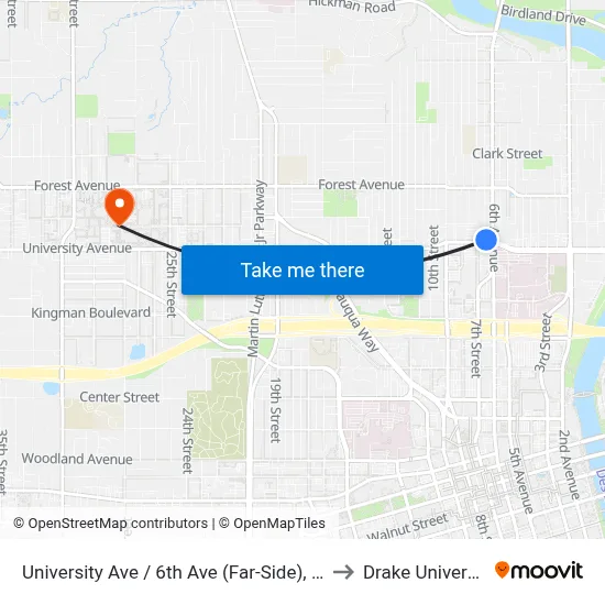 University Ave / 6th Ave (Far-Side), Dsm to Drake University map