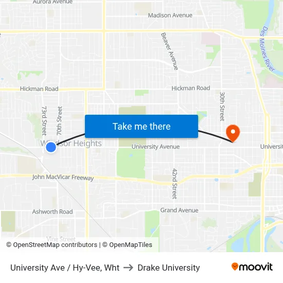 University Ave / Hy-Vee, Wht to Drake University map