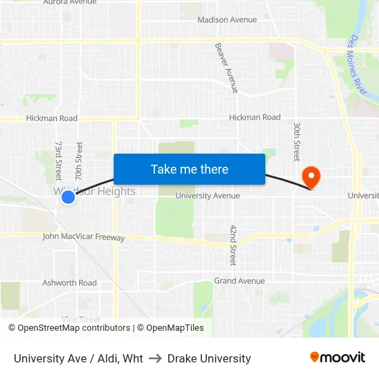 University Ave / Aldi, Wht to Drake University map