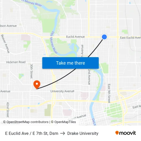 E Euclid Ave / E 7th St, Dsm to Drake University map