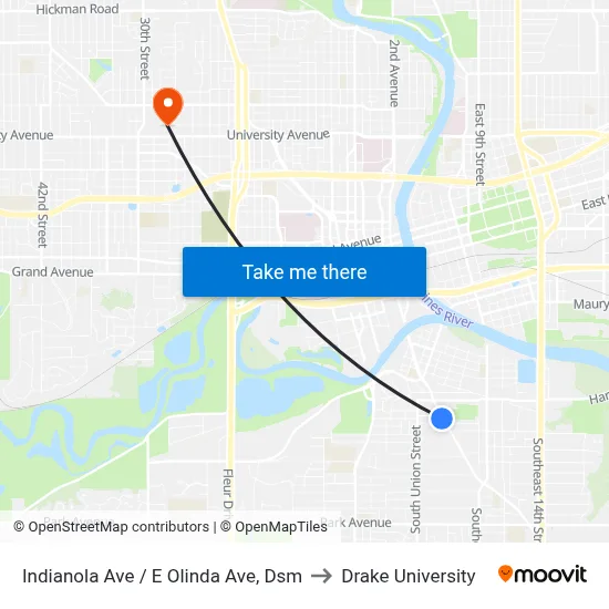 Indianola Ave / E Olinda Ave, Dsm to Drake University map