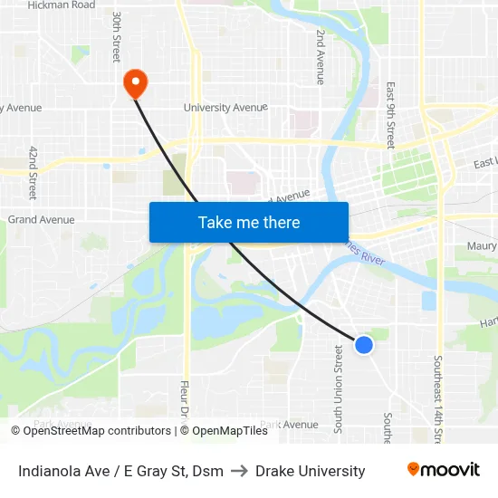 Indianola Ave / E Gray St, Dsm to Drake University map
