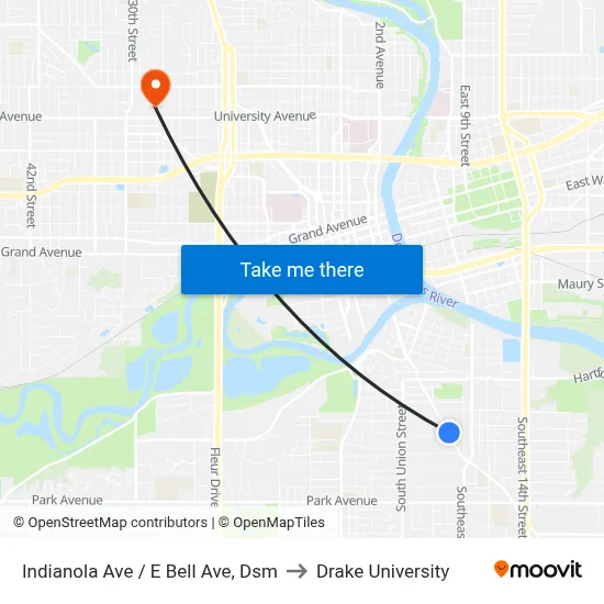 Indianola Ave / E Bell Ave, Dsm to Drake University map