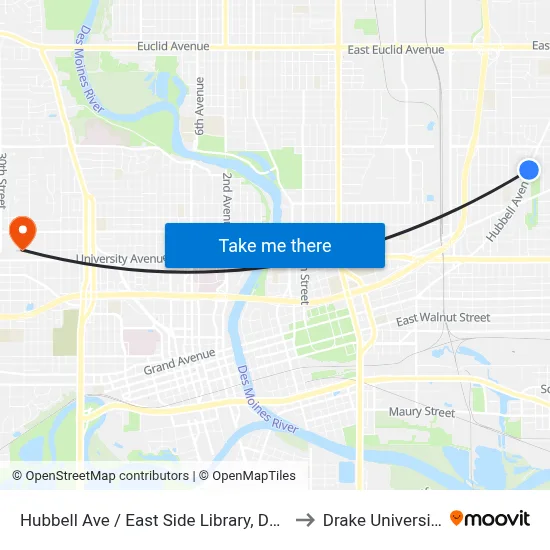 Hubbell Ave / East Side Library, Dsm to Drake University map