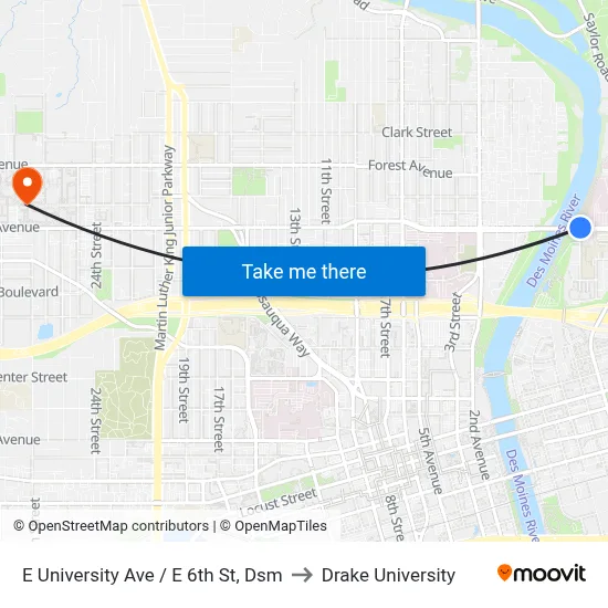 E University Ave / E 6th St, Dsm to Drake University map