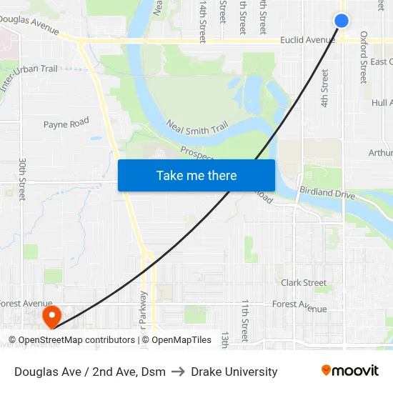 Douglas Ave / 2nd Ave, Dsm to Drake University map
