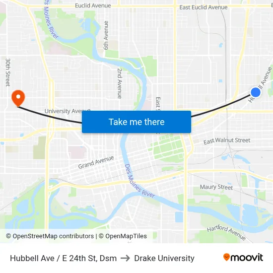 Hubbell Ave / E 24th St, Dsm to Drake University map