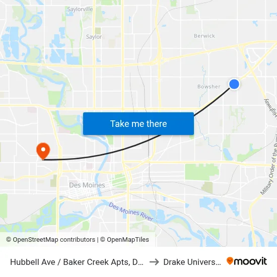 Hubbell Ave / Baker Creek Apts, Dsm to Drake University map