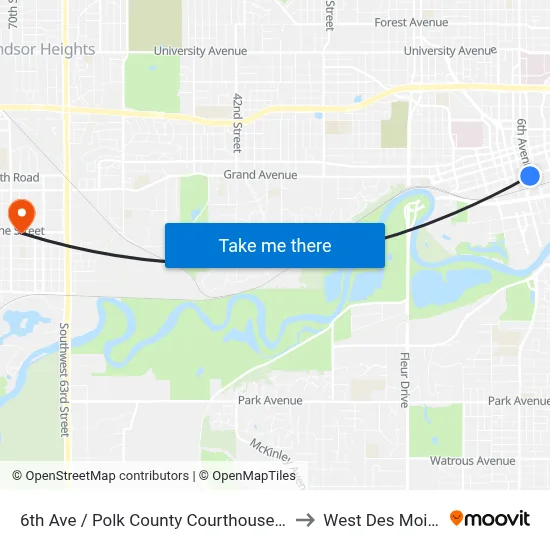 6th Ave / Polk County Courthouse, Dsm to West Des Moines map