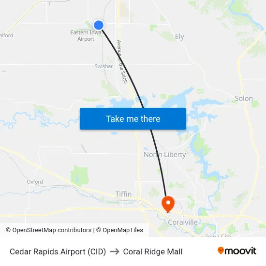 Cedar Rapids Airport (CID) to Coral Ridge Mall map