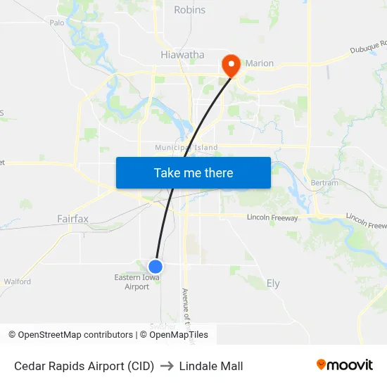 Cedar Rapids Airport (CID) to Lindale Mall map