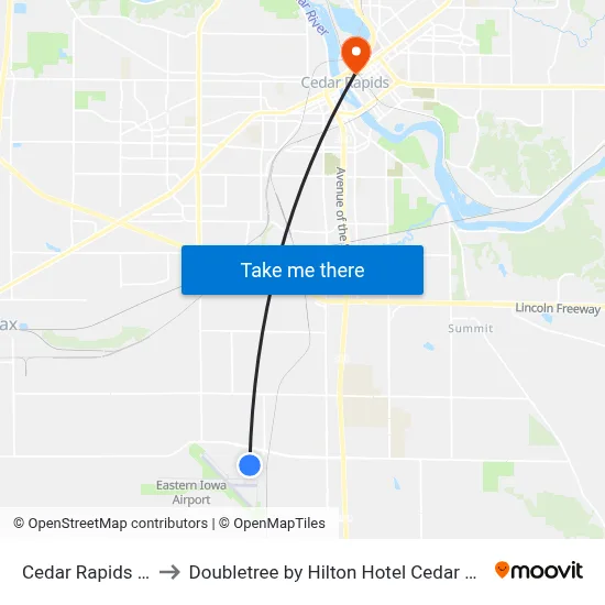 Cedar Rapids Airport (CID) to Doubletree by Hilton Hotel Cedar Rapids Convention Complex map