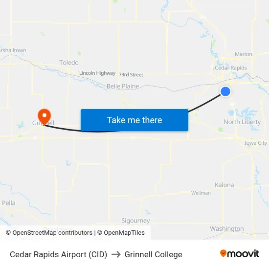 Cedar Rapids Airport (CID) to Grinnell College map