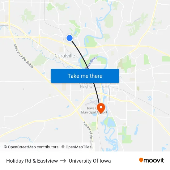 Holiday Rd & Eastview to University Of Iowa map