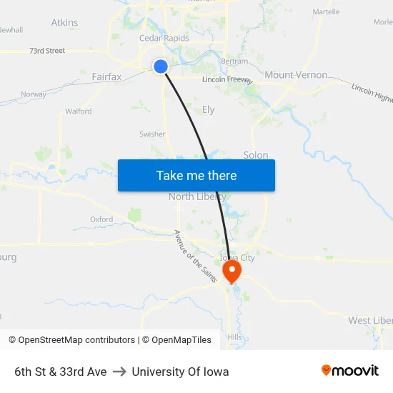 6th St & 33rd Ave to University Of Iowa map