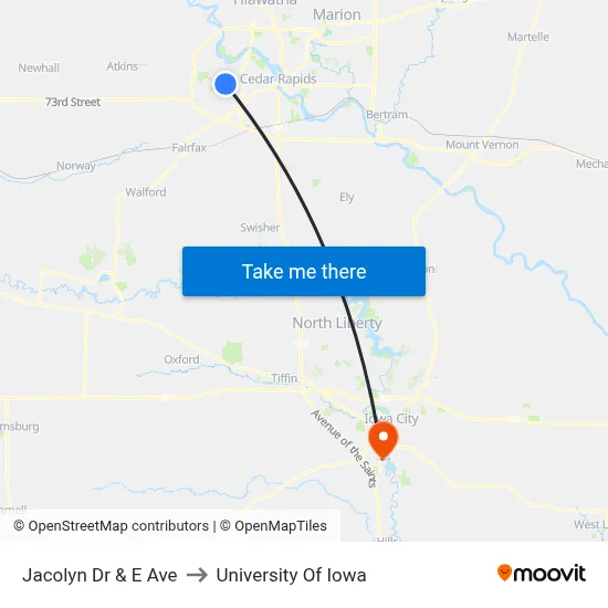 Jacolyn Dr & E Ave to University Of Iowa map