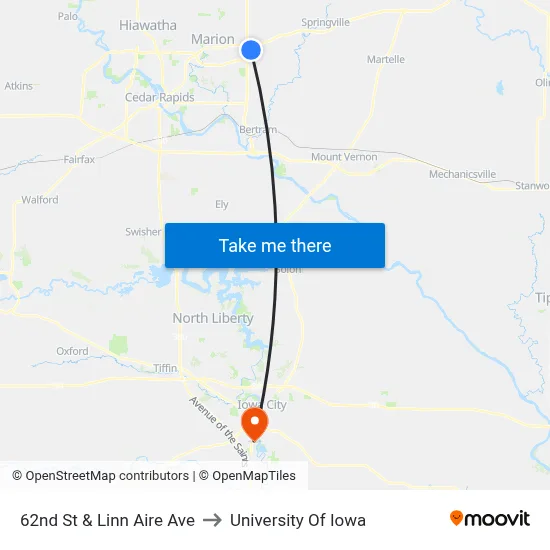 62nd St & Linn Aire Ave to University Of Iowa map