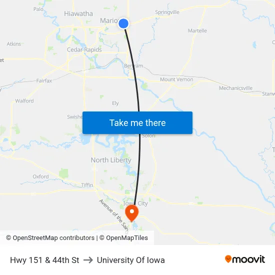 Hwy 151 & 44th St to University Of Iowa map