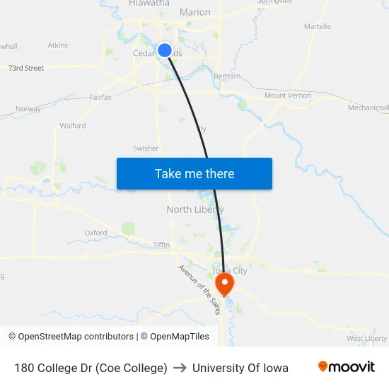 180 College Dr (Coe College) to University Of Iowa map