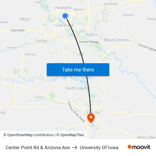 Center Point Rd & Arizona Ave to University Of Iowa map