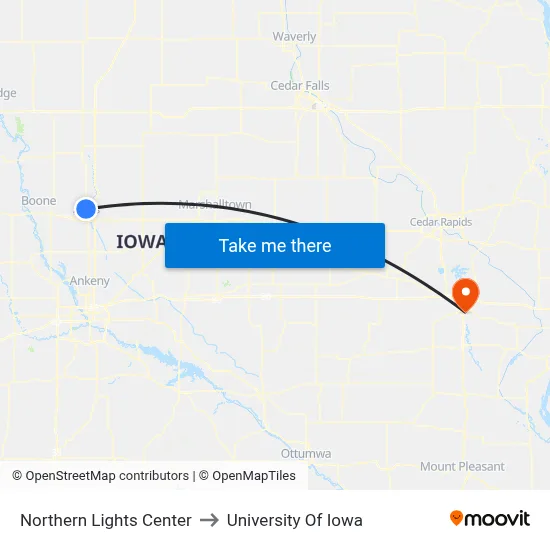 Northern Lights Center to University Of Iowa map