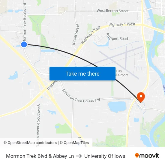Mormon Trek Blvd & Abbey Ln to University Of Iowa map