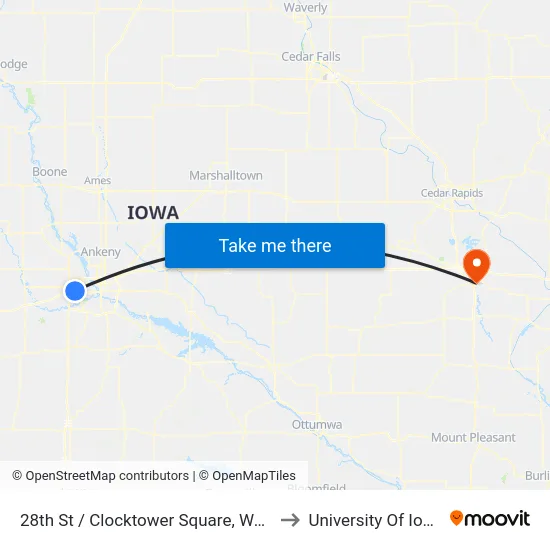 28th St / Clocktower Square, Wdm to University Of Iowa map