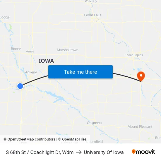 S 68th St / Coachlight Dr, Wdm to University Of Iowa map
