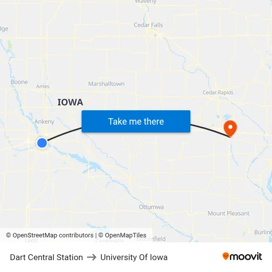 Dart Central Station to University Of Iowa map