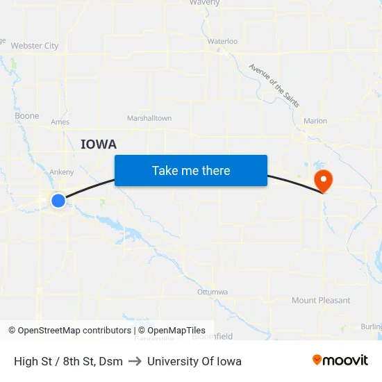 High St / 8th St, Dsm to University Of Iowa map
