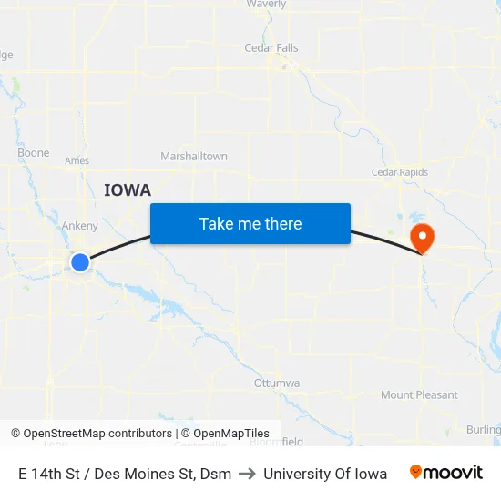 E 14th St / Des Moines St, Dsm to University Of Iowa map