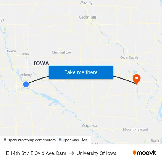 E 14th St / E Ovid Ave, Dsm to University Of Iowa map