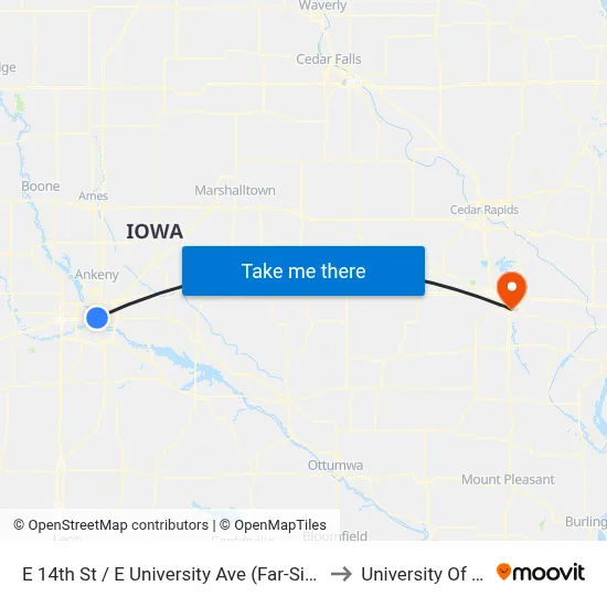 E 14th St / E University Ave (Far-Side), Dsm to University Of Iowa map